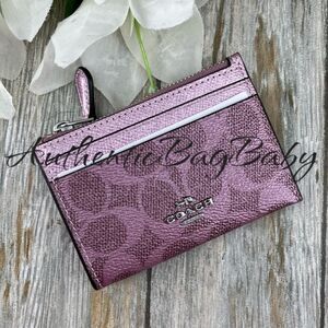 Coach Mini Skinny Keychain Id Case In Signature Canvas & Pink Metallic Wallet